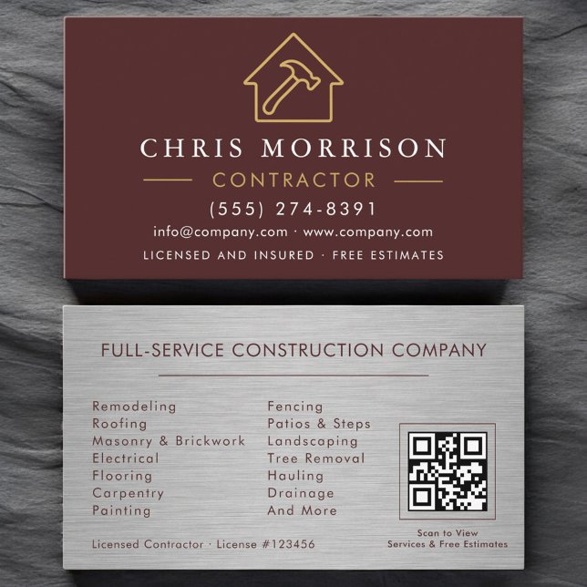 Metal Building Construction Burgundy QR Code Business Card (Creator Uploaded)