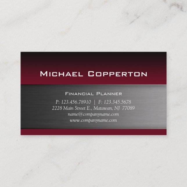 Metal Business Card Burgundy Red Header (Front)