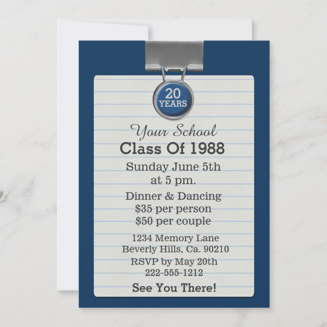 Metal Clip Notepaper Blue Class Reunion Invitation (Front)