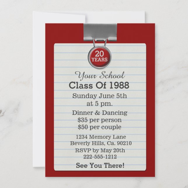 Metal Clip Notepaper Red Class Reunion Invitation (Front)