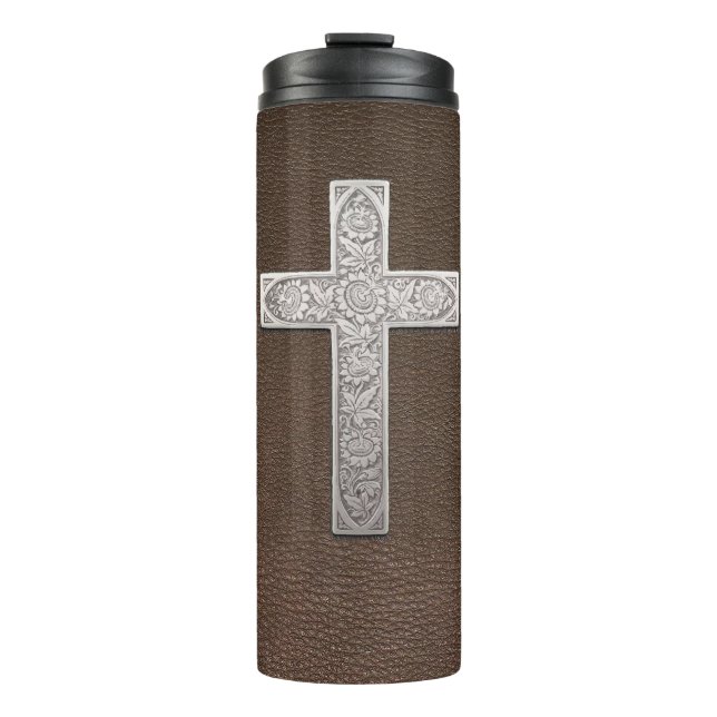 Metal Cross On Dark Leather Thermal Tumbler (Front)