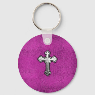 Metal Cross on Pink Leather Keychain