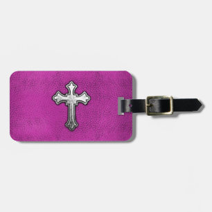 Metal Cross on Pink Leather Luggage Tag