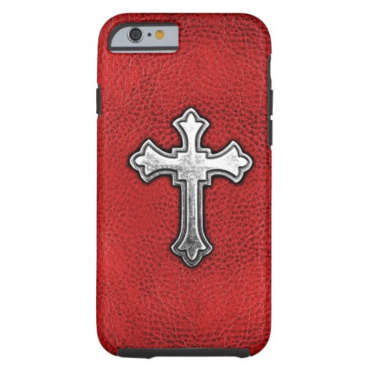 Metal Cross on Red Leather Tough iPhone 6 Case
