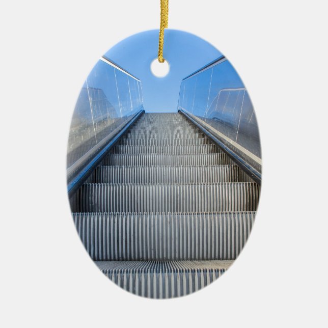 Metal escalator outdoors with blue sky.JPG Ceramic Ornament (Front)
