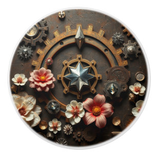 Metal Gears, Pink Flowers, Steampunk Themed Ceramic Knob