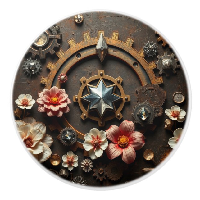 Metal Gears, Pink Flowers, Steampunk Themed Ceramic Knob (Front)
