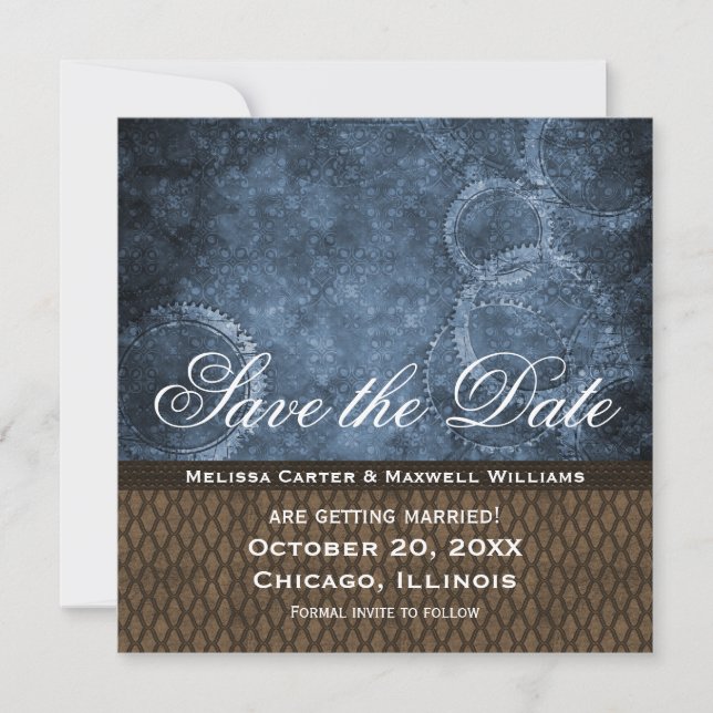 Metal Gears Save the Date Invite, Blue Invitation (Front)