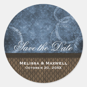 Metal Gears Save the Date Stickers, Blue Classic Round Sticker