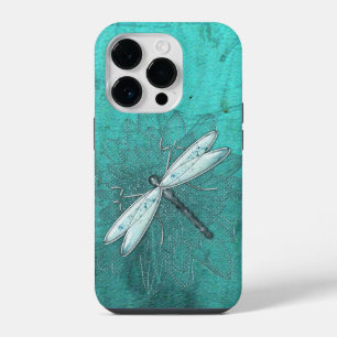 Metal Glass Dragonfly On Teal Green iPhone 14 Pro Case