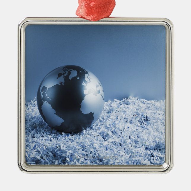 Metal globe on shredded paper ornament (Front)