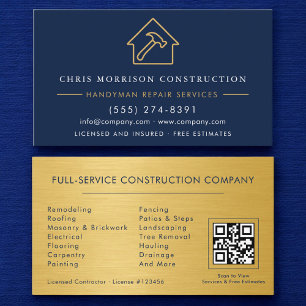 Metal Gold Navy Blue Handyman Construction QR Code Business Card