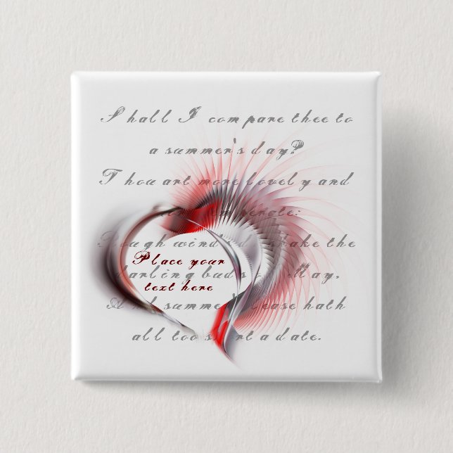 Metal Heart with Shakespeare's sonnet 18 2 Inch Square Button (Front)