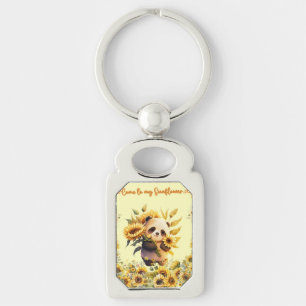 Metal Keychain   Cute Panda Holding Sunflowers