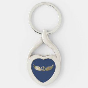 Metal look peace symbol with wings keychain