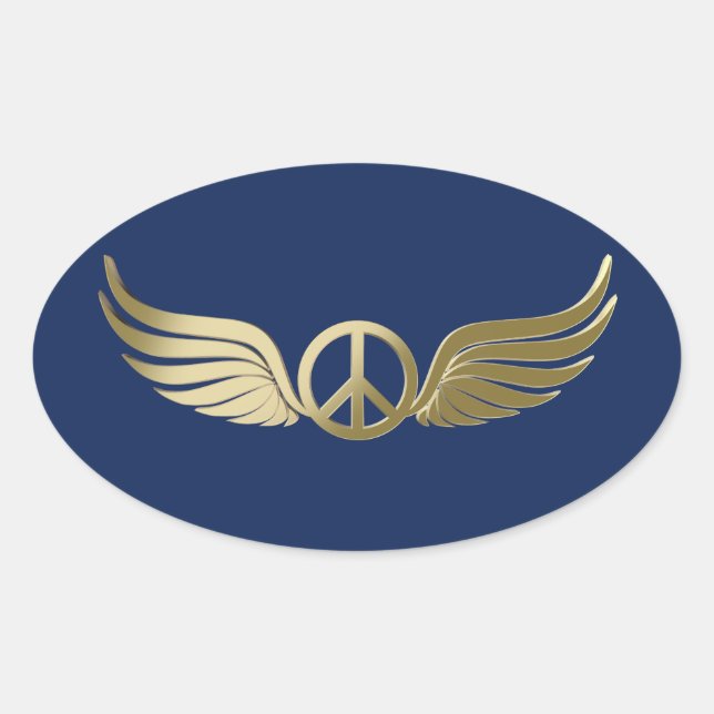 Metal look peace symbol with wings oval sticker (Front)