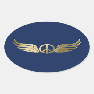 Metal look peace symbol with wings oval sticker