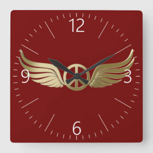 Metal look peace symbol with wings square wall clock