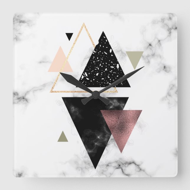 Metal Marble Geometric Design Square Wall Clock (Front)