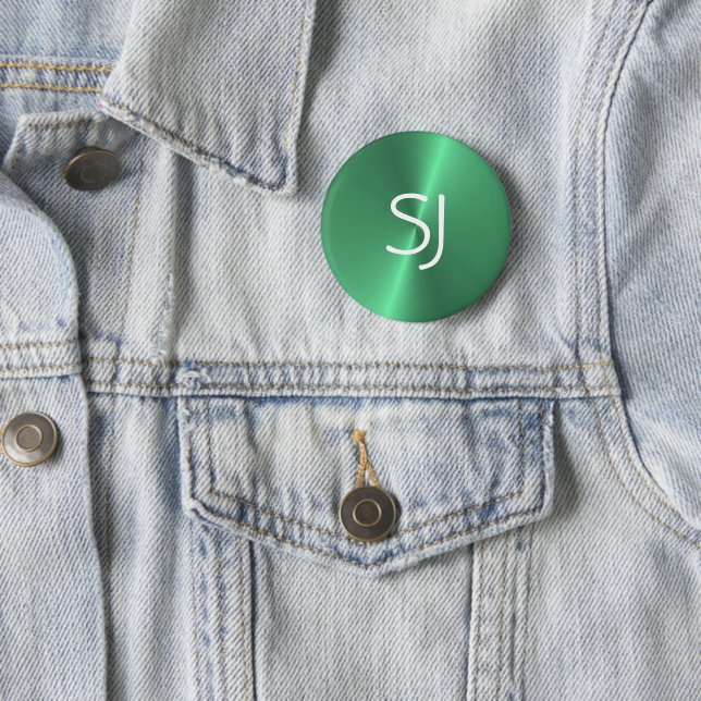 Metal monogram green shiny 2 inch round button (In Situ)