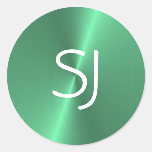 Metal monogram green shiny classic round sticker (Front)