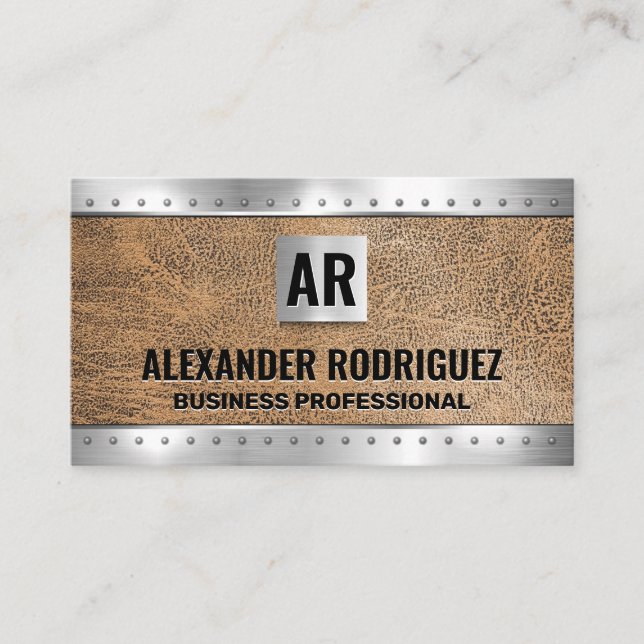 Metal Rivets Brown Leather | Monogram Business Car Card (Front)