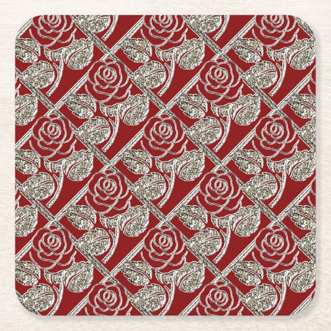 Metal Roses-3-Red Silver-Coaster Set Square Paper Coaster (Front)