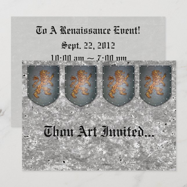 Metal Shield Lion Grey Faux Stone Invitation (Front/Back)