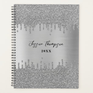 Metal Silver Grey Glitter Drips Signature Script Planner