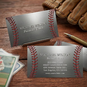 Metal Silver & Red Stitch Design Baseball Coach Business Card