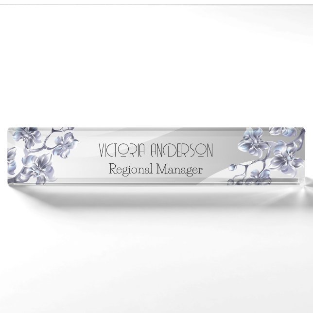 Metal silver with silver flowers personalized nameplate (Front)