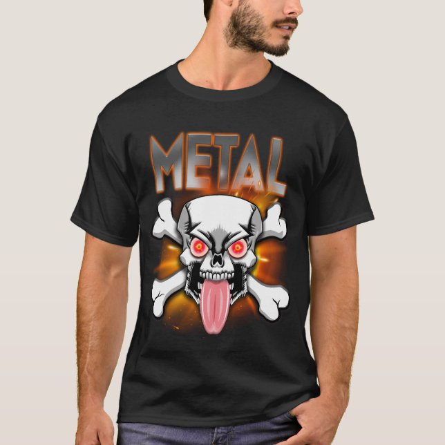 METAL!  Skull and Crossbones, Tongue Stuck Out T-Shirt (Front)