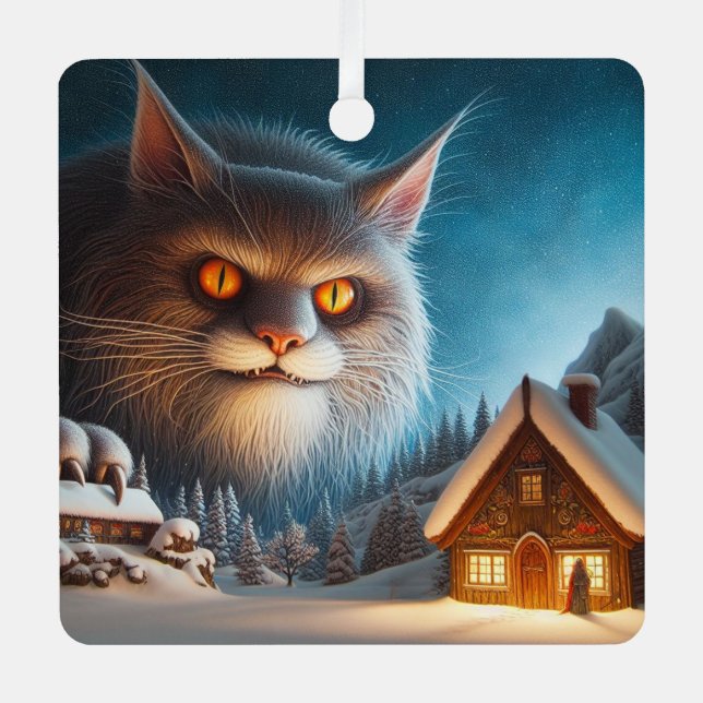Metal Square Yule Cat Ornament (Front)