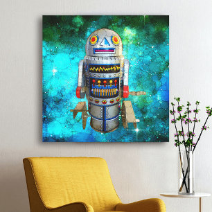 Metal toy robot blue bubble galaxy vintage retro canvas print