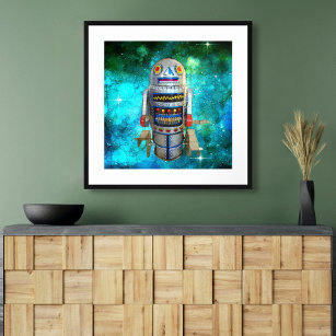Metal toy robot in blue galaxy, cute vintage retro poster