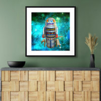 Metal toy robot in blue galaxy, cute vintage retro