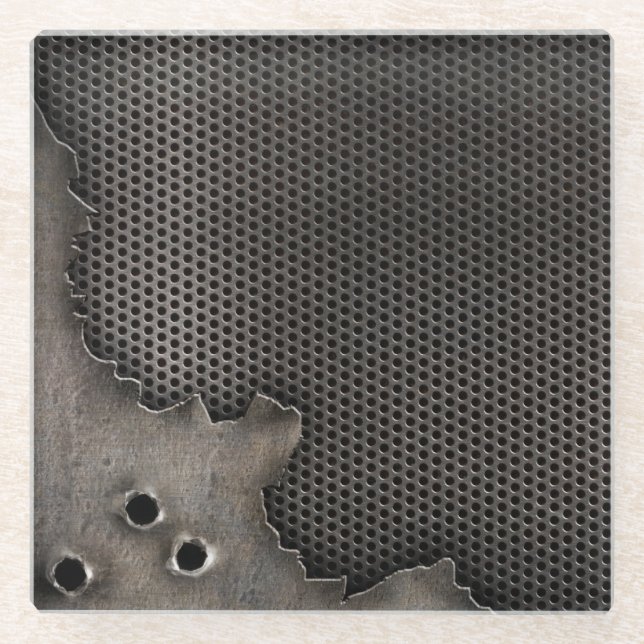 Metal with bullet holes background glass coaster (Front)