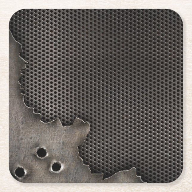 Metal with bullet holes background square paper coaster (Front)