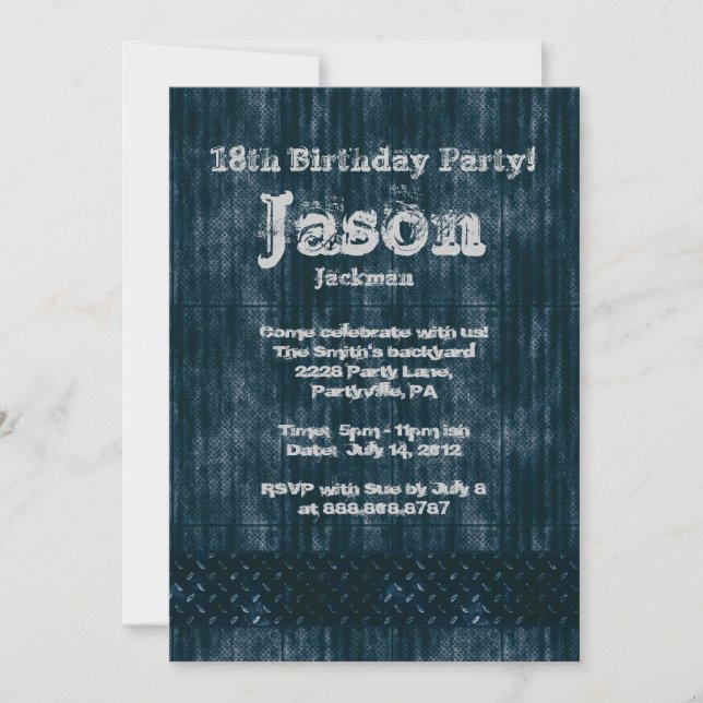 Metal Worn Grunge Denim Birthday Party Invitation (Front)