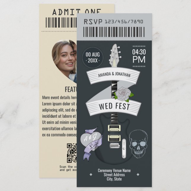 Metalhead Luxe Rock ’n’ Roll Wedding Ticket Invitation (Front/Back)