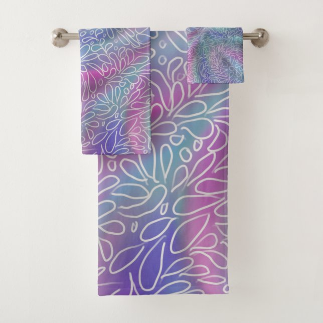 Metalic mermaid colours with abstract paisleys sho bath towel set (Insitu)