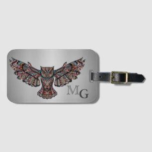 Metalized Owl Art Monogram Luggage Tag