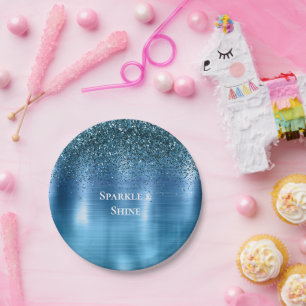 Metallic Aqua Blue Glitter Paper Plate