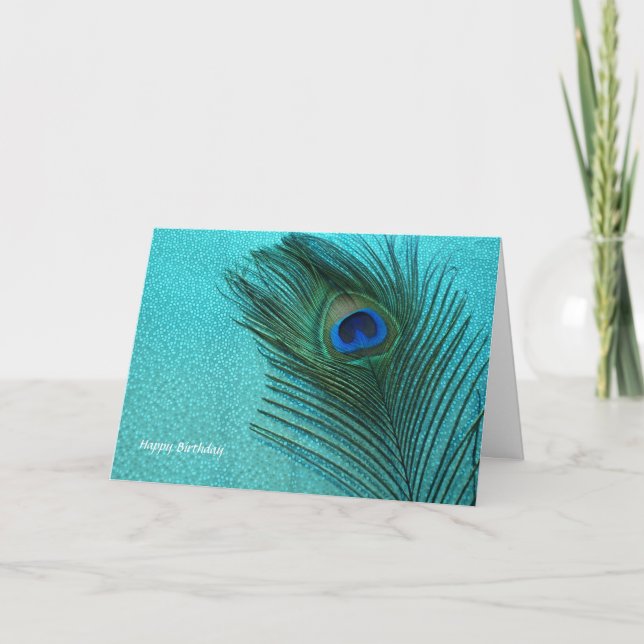 Metallic Aqua Blue Peacock Feather Card (Front)