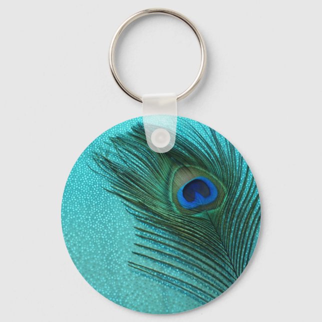 Metallic Aqua Blue Peacock Feather Keychain (Front)