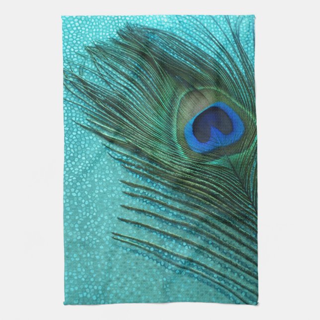 Metallic Aqua Blue Peacock Feather Kitchen Towel (Vertical)