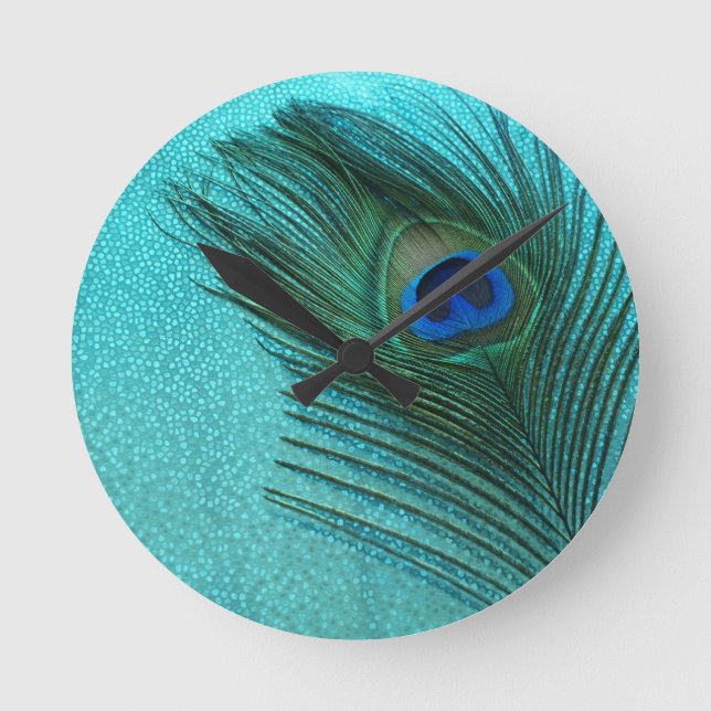 Metallic Aqua Blue Peacock Feather Round Clock (Front)
