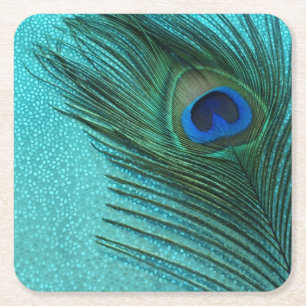 Metallic Aqua Blue Peacock Feather Square Paper Coaster