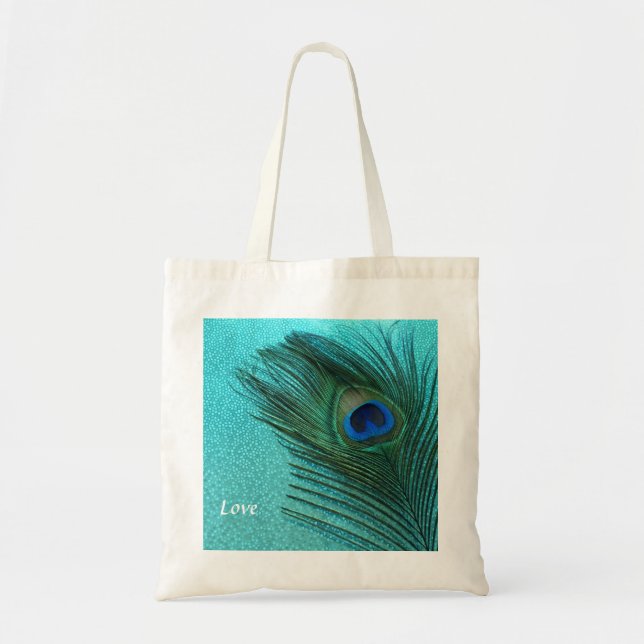 Metallic Aqua Blue Peacock Feather Tote Bag (Front)