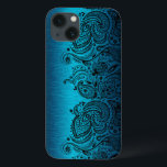 Metallic Aqua Blue With Black Paisley Lace iPhone 13 Case<br><div class="desc">Black aqua blue metallic design brushed aluminum look with black floral paisley lace.</div>